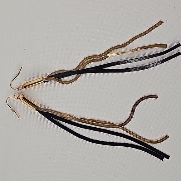 Noir Gold & Black Fringe Dangling Drop Earrings - Picture 7 of 11